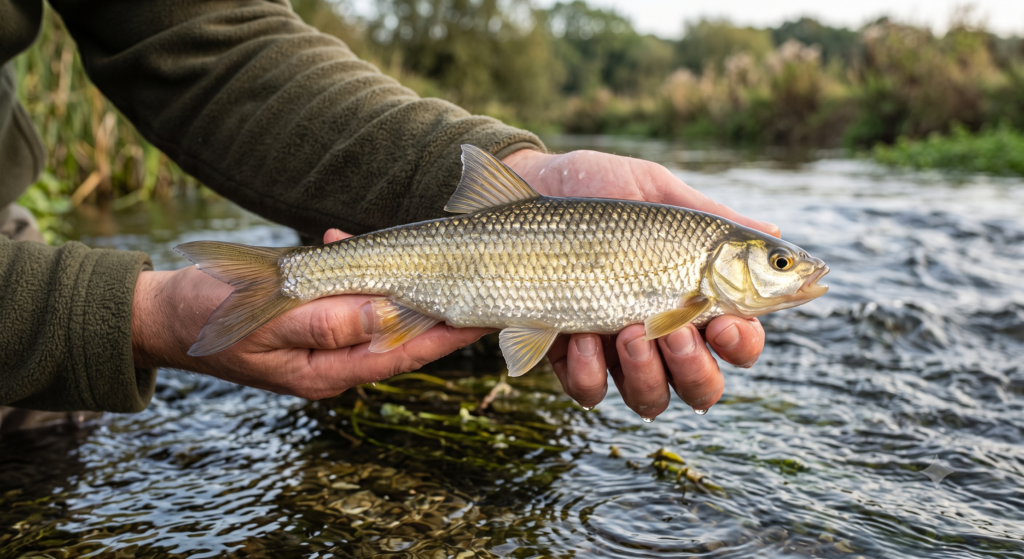 Dace UK: Complete Species Guide 1 A UK dace held horizontally over a fast-flowing river, showing its slim torpedo body, small mouth, and bright silver flanks