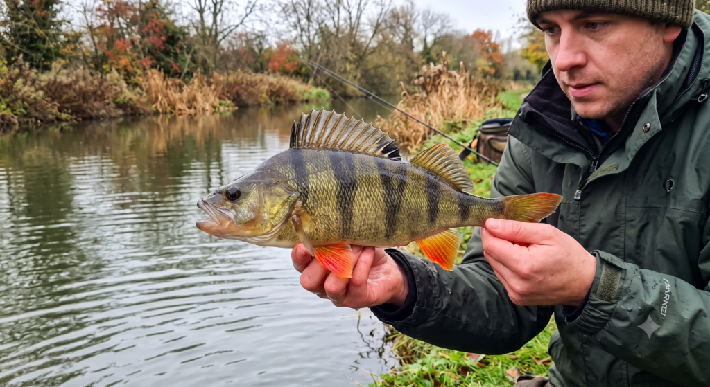 A UK perch held over the water showing the distinctive dark vertical bars, spiny dorsal fin, and orange-red fins