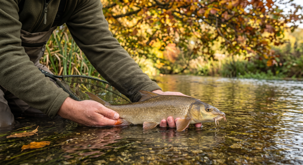 A UK river in autumn showing the kind of habitat where coarse fish like barbel, roach, and perch are found