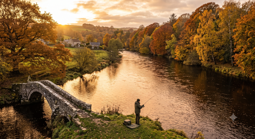 A UK river in autumn with an angler fishing from the bank, golden light on the water and overhanging trees in colour