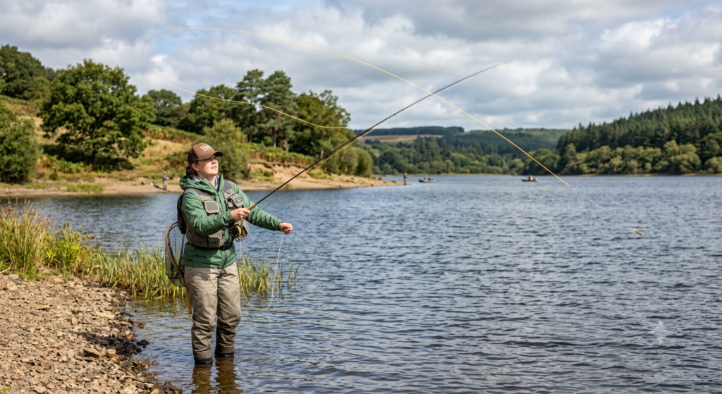 Fly Fishing for Trout UK: A Beginner's Complete Guide 1 A beginner fly angler on a stillwater trout fishery, casting with a single-handed fly rod with the line unfurling in the air above them, and a reservoir bank in the background
