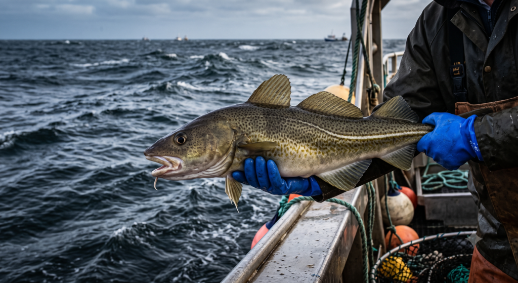 Cod UK: Sea Fishing Species Profile, Identification, and Tactics 1 A cod held over the side of a boat, showing the characteristic three dorsal fins, pale lateral line, distinctive chin barbel, and mottled green-brown colouration, with the North Sea visible in the background