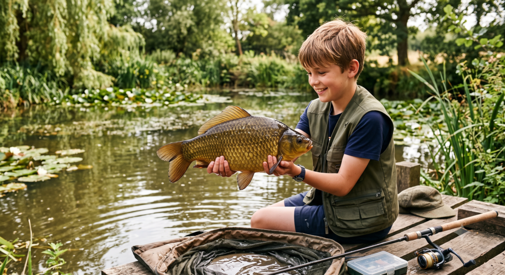 Crucian Carp UK: Species Guide (Identification, Hybrids, Where to Fish) 1 A deep-bodied golden crucian carp held over a traditional farm pond in summer, rounded tail, no barbels visible, golden-bronze coloration