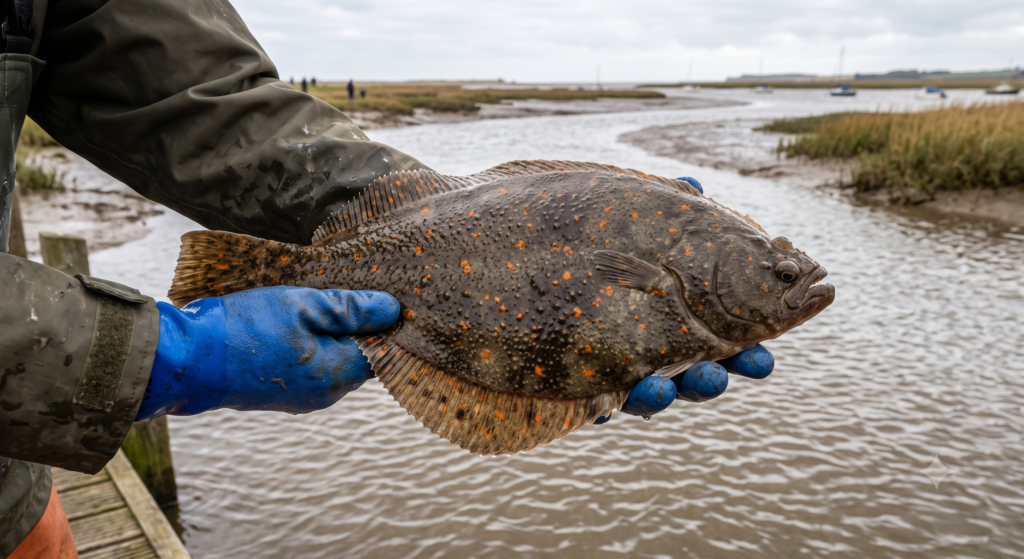 Flounder UK: Species Profile, Identification, and Estuary Fishing Guide 1 A flounder lying flat showing its dull brown upper surface with orange spots and rough, bumpy skin texture, held just above the water at an estuary