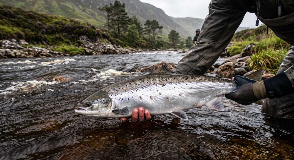 Atlantic Salmon (Salmo salar): UK Species Guide 1 A fresh-run Atlantic salmon held briefly in the water before release, showing the silver flanks and sea lice still present, on a Scottish spate river