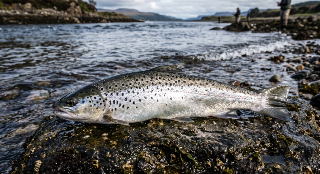 Sea Trout UK: Species Profile, Identification, and Fishing Guide 1 A fresh-run sea trout lying on a wet rock at the water's edge, its silver flanks with scattered black spots clearly visible