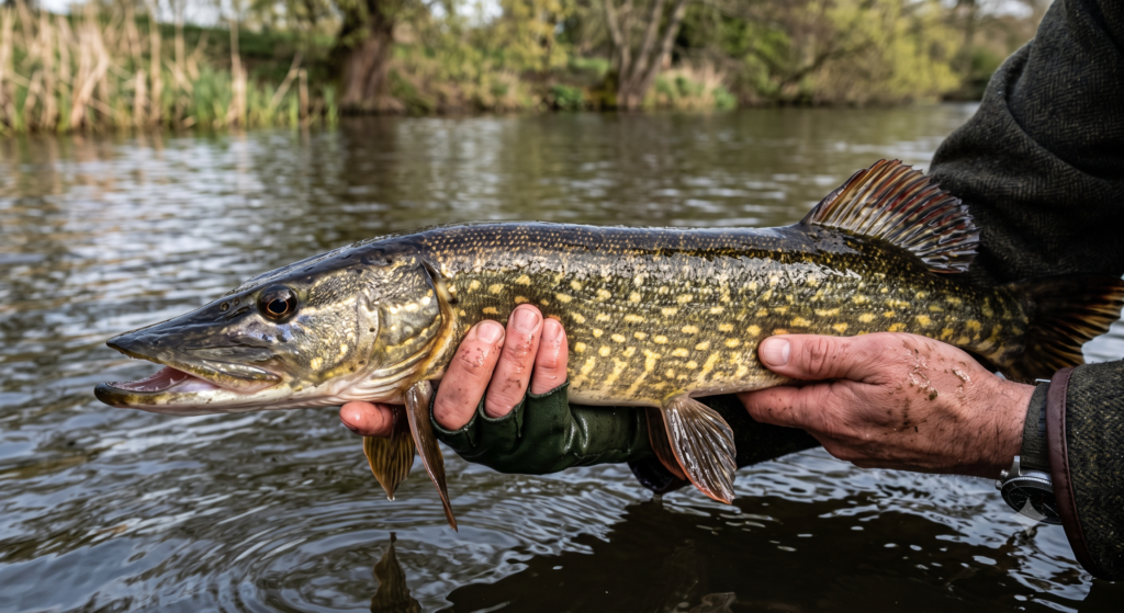 A freshly caught UK freshwater fish held over the water, showing the detail of its scales and fins