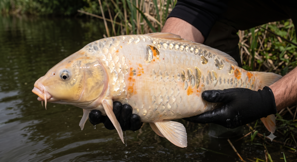 Ghost Carp UK: What They Are, Identification, and How to Catch Them 1 A ghost carp held at the water's edge, showing its characteristic pale cream-white flanks with orange and metallic markings, a contrast with the murky water behind