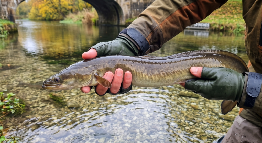 A large European eel held in shallow water prior to release, showing its characteristic snake-like body, bronze-green coloration, and small pectoral fins