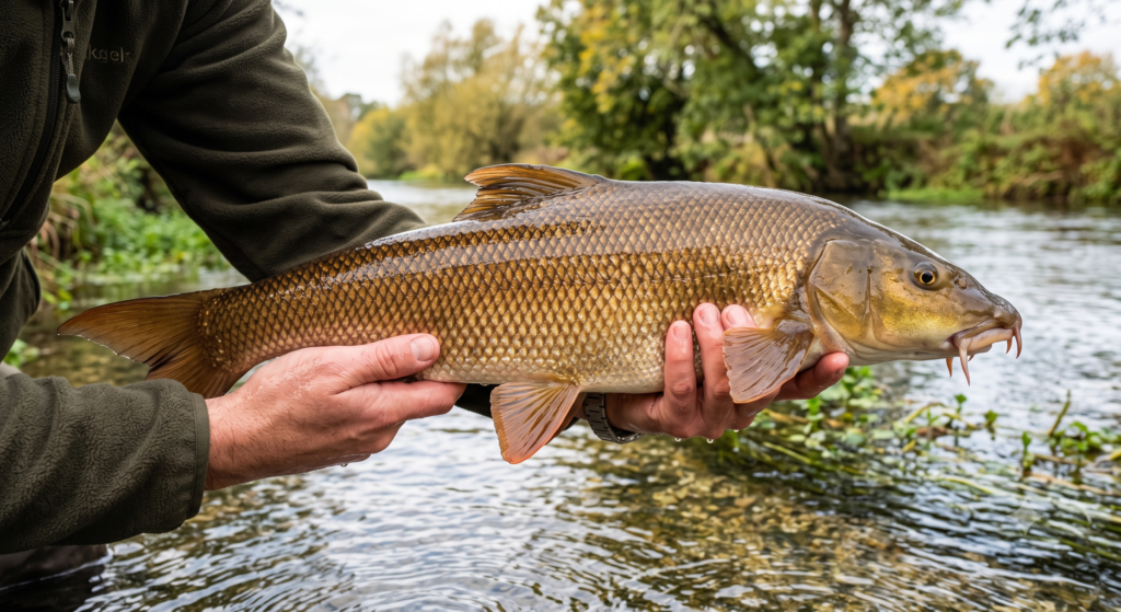 Barbel UK: Complete Species Guide 1 A large UK barbel being held over a river for a quick photo, showing its characteristic underslung mouth, golden flanks and powerful body