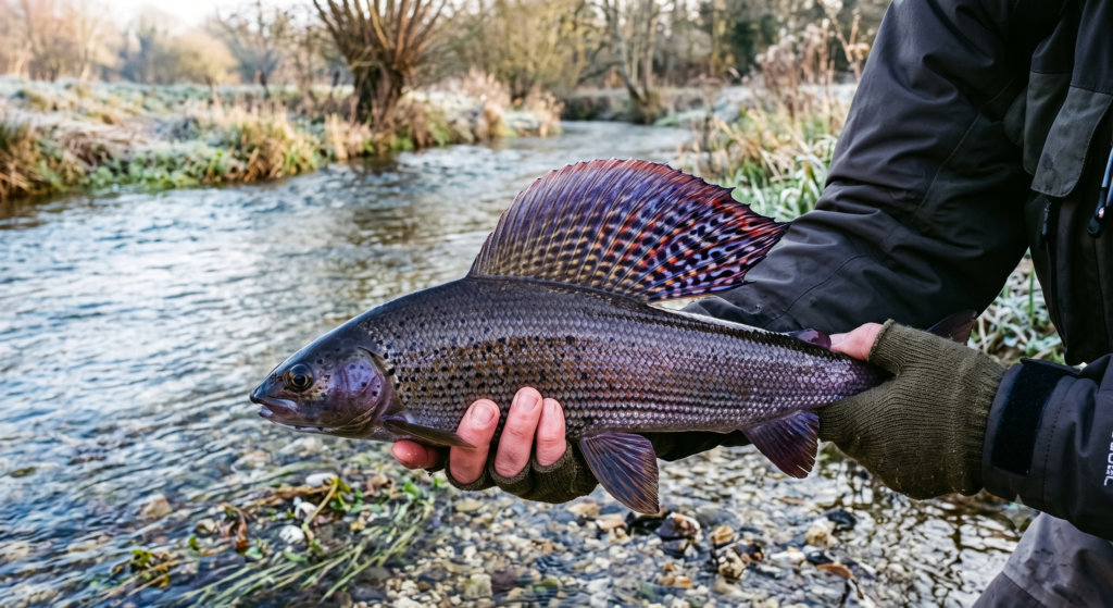 [Image placeholder A large UK grayling held horizontally over the clear water of a chalk stream, its enormous spotted dorsal fin spread wide, purple and iridescent in the low winter light]