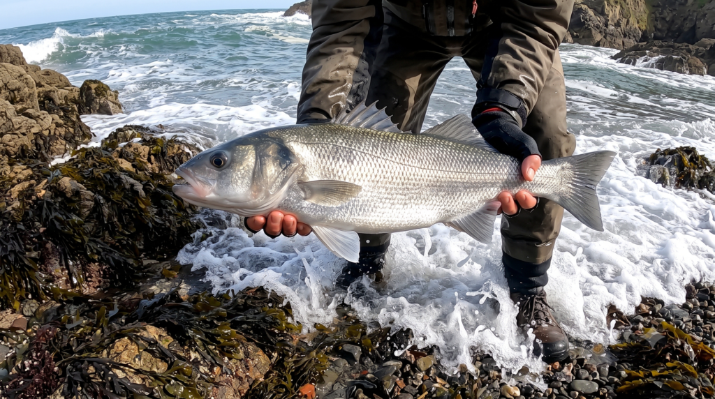 Bass UK: Complete Sea Bass Species Guide (2026) 1 A large bass being held horizontally at the edge of the surf on a rocky shore, its silver flanks catching the light