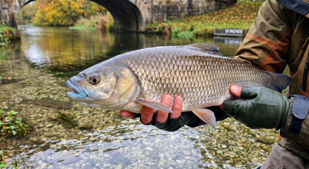Chub UK: Complete Species Guide 1 A large chub held horizontally over a chalk stream, showing its large silvery-bronze scales, thick bluish-white lips, and wide powerful body