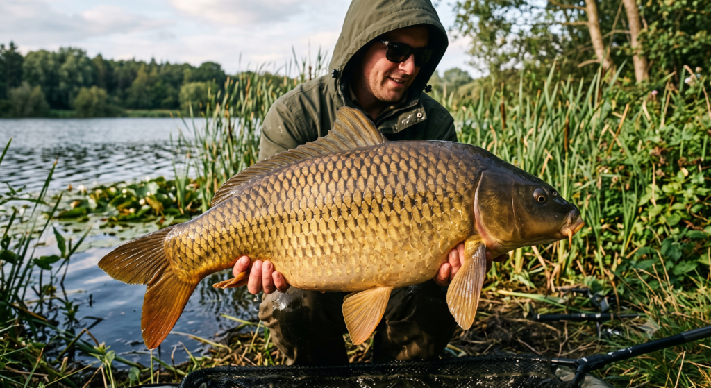 Common Carp UK: Complete Species Guide (2026) 1 A large fully-scaled common carp being held horizontally over the lake margin, its golden flanks, prominent scales, and large rounded pectoral fins visible