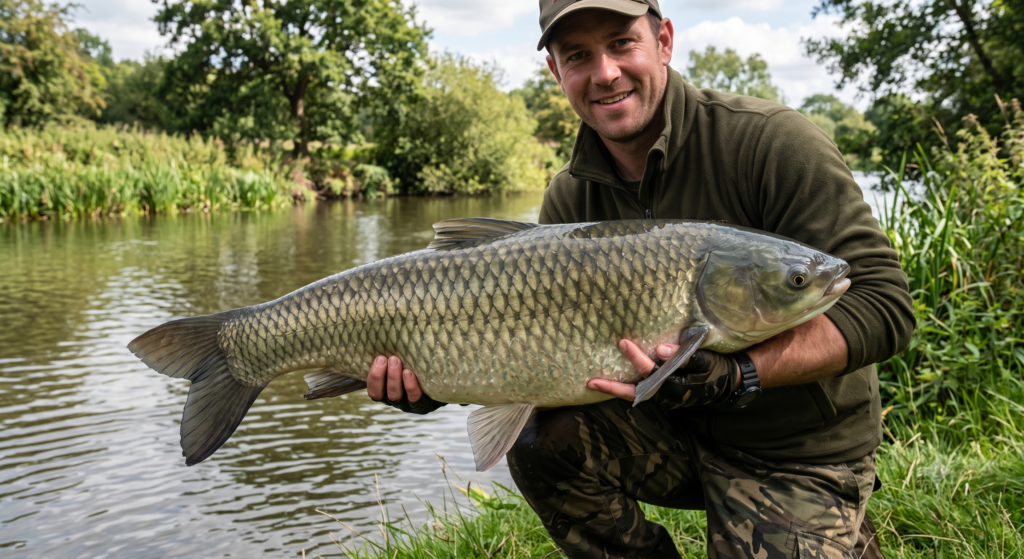 Grass Carp (Ctenopharyngodon idella): UK Species Guide 1 A large grass carp held by an angler above the landing net at a UK fishery, showing the characteristic torpedo-shaped body, large scales, and green-bronze coloratio