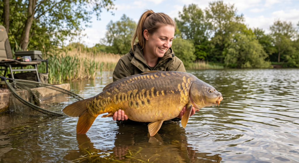 Mirror Carp UK: Complete Species Guide (2026) 1 A large mirror carp being held over the water, showing its irregular, large scattered scales and bronze-golden body