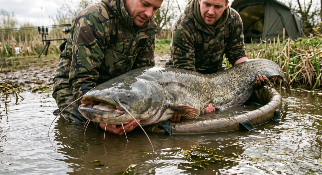 Wels Catfish (Silurus glanis): UK Species Guide 1 A large wels catfish held at the water's edge by two anglers, showing the species' distinctive flat head, long barbels flanking the wide mouth, and smooth dark-coloured scaleless body