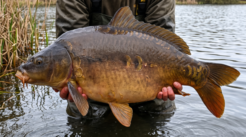 Leather Carp UK: Identification, Distribution, and Fishing Guide 1 A leather carp held horizontally at the water's edge, showing the characteristic near-scaleless smooth body with just a few scattered scales along the lateral line, deep bronze colouration, and the same large fins and barbels as a common carp