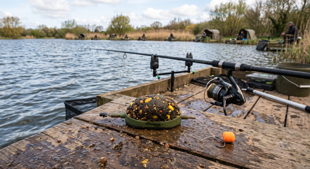 Method Feeder Fishing UK: How to Set Up and Fish the Method 1 A method feeder packed with groundbait ready to cast, with a short hooklink visible, on a commercial carp fishery bank
