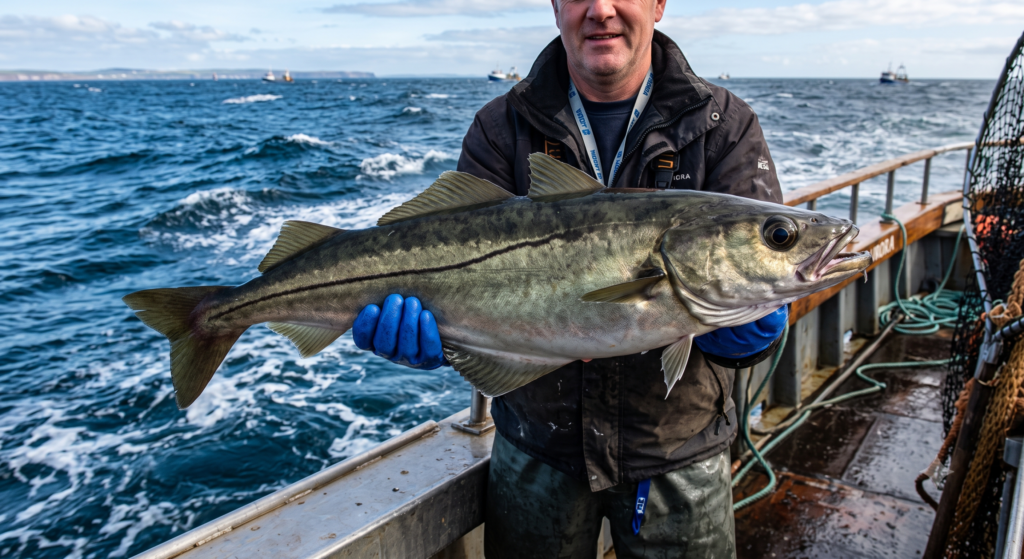 Pollock UK: Sea Fishing Species Profile, Identification, and Tactics 1 A pollock held horizontally overthe side of a fishing boat, showing the dark olive-green back, silver-green flanks, distinctive protruding lower jaw, and dark curved lateral line contrasting with the pale belly
