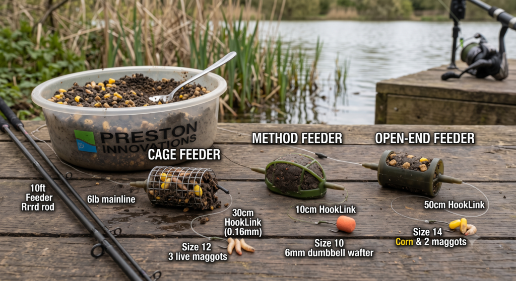 Feeder Fishing Guide UK: Cage, Method, and Open-End Feeders 1 A selection of feeder fishing setups showing a cage feeder, a method feeder, and an open-end feeder, with a groundbait bowl beside them, illustrating the main types of feeder used in UK freshwater fishing