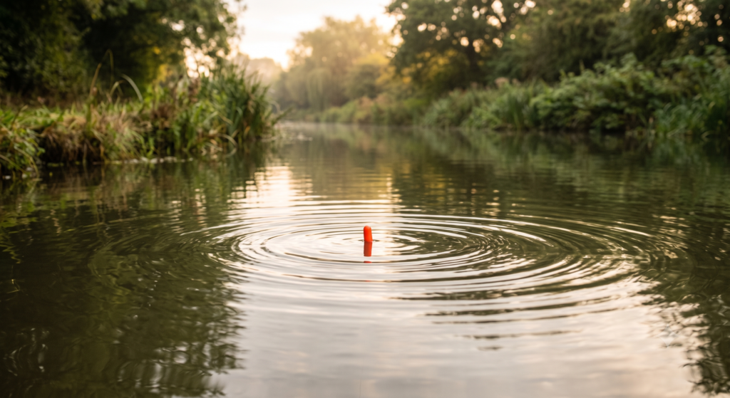 Float Fishing for Beginners: UK Guide to Waggler Setup and Bites 1 A single orange-tipped waggler float sitting on calm canal water in the morning light, surrounded by ripples