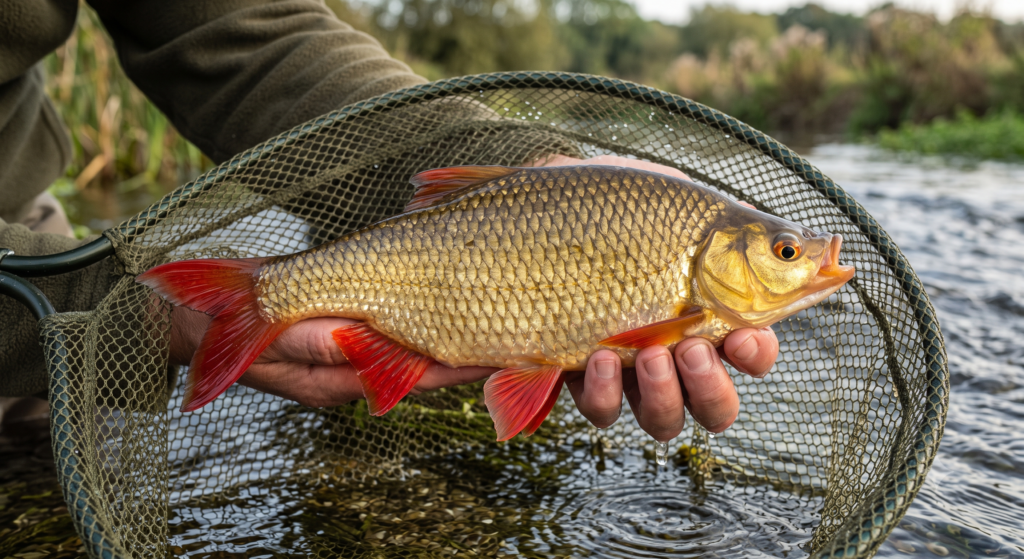 Rudd (Scardinius erythrophthalmus): UK Species Guide 1 A specimen rudd held in a landing net showing its golden-bronze flanks, bright red pectoral and tail fins, and distinctly upward-angled mouth