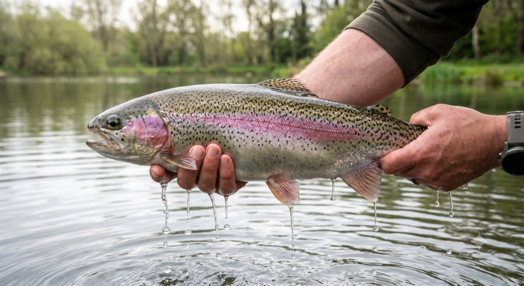 Rainbow Trout UK: Complete Species Guide (Identification, Methods, Fisheries) 1 A vivid rainbow trout of around 3lb being held over a still water fishery, its pink lateral stripe and black spotting clearly visible, dripping water