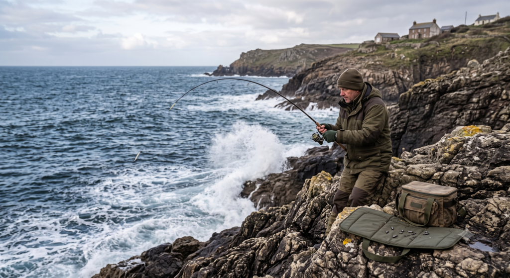 An angler fishing from coastal rocks for bass, showing the rugged UK coastline typical of sea fishing locations in Cornwall or Wales