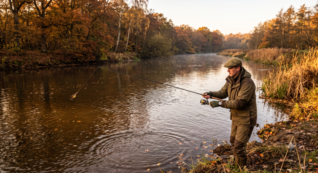An angler lure fishing on a UK river in autumn, casting a spinner across a wide bend