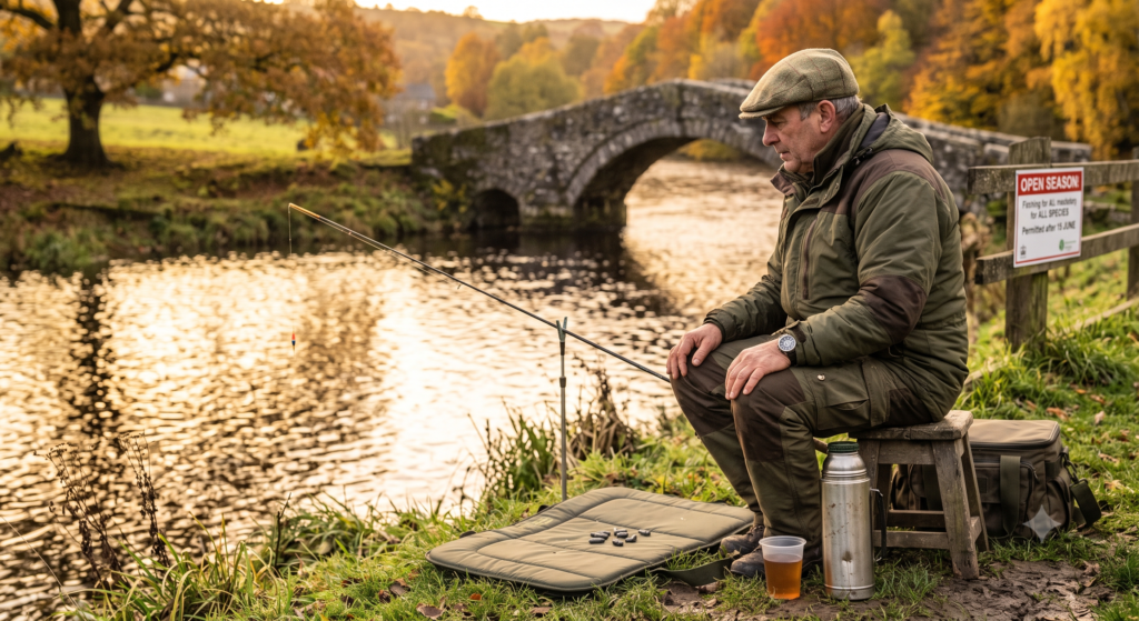 An angler sitting on a UK river bank in late afternoon watching the float with a thermos flask beside them