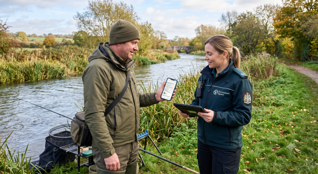 Angler displaying a digital fishing licence on a smartphone - the email or text confirmation is accepted as valid proof on the bank