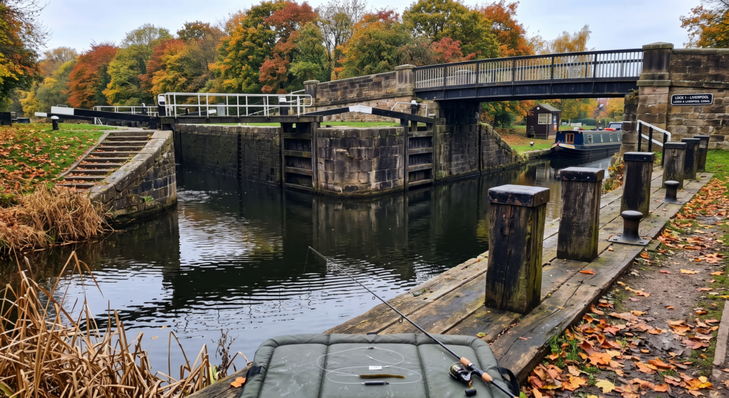 Canal lock gate showing the structure that perch use as ambush points - lock walls, bridge shadows, and mooring posts are all prime perch lies