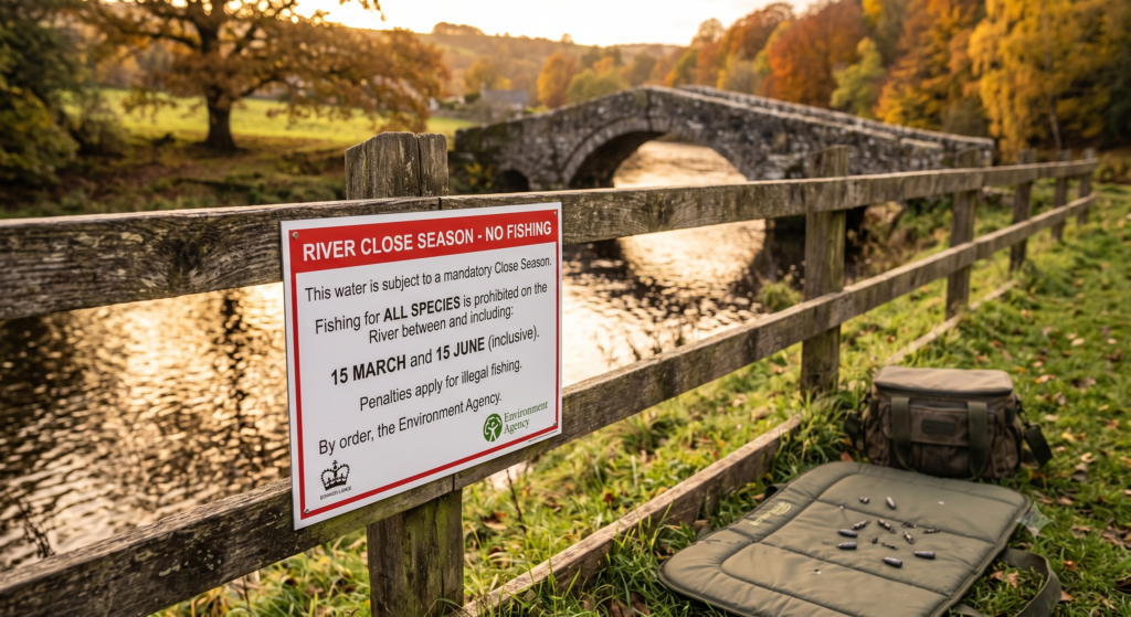 UK Fishing Rules and Law 2 Close season notice on a river bank warning anglers that fishing is prohibited from 15 March to 15 June on the River