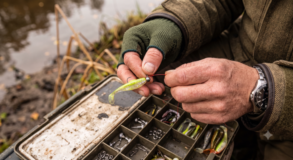 Close-up of an angler's hands attaching a soft plastic lure to a jig head for perch fishing