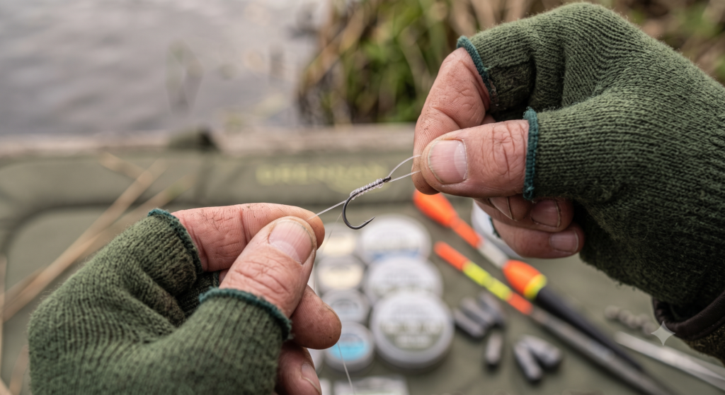 Close-up of an angler's hands tying a fishing knot, showing the line threaded through a hook eye and wrapped for a secure connection