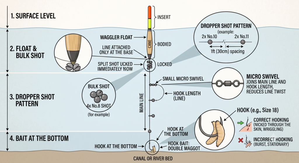 Float Fishing for Beginners: UK Guide to Waggler Setup and Bites 3 Diagram showing waggler float rig setup - float locked with bulk shot, swivel, hook length with dropper shot, and hook at the bottom with maggot