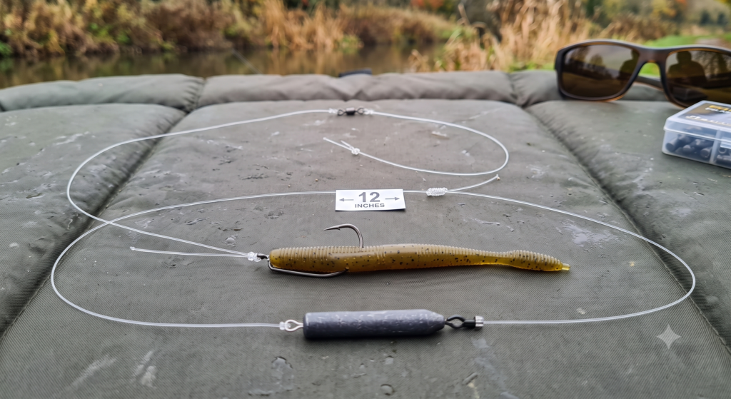 Drop shot rig for perch fishing showing pencil weight, hook tied with Palomar knot 12 inches above the weight, and a soft plastic worm bait