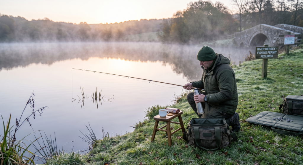 Start Here 1 Early morning on a UK river with mist on the water and an angler setting up on the bank, rod and flask in hand