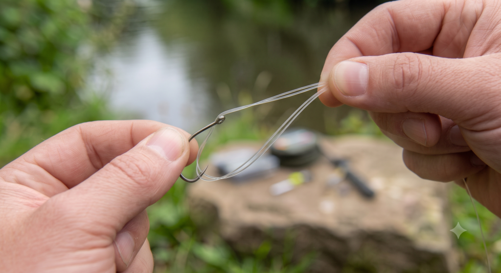 Palomar knot Step 4 - the complete hook passes through the open loop. The loop comes to rest below the eye, around the shank