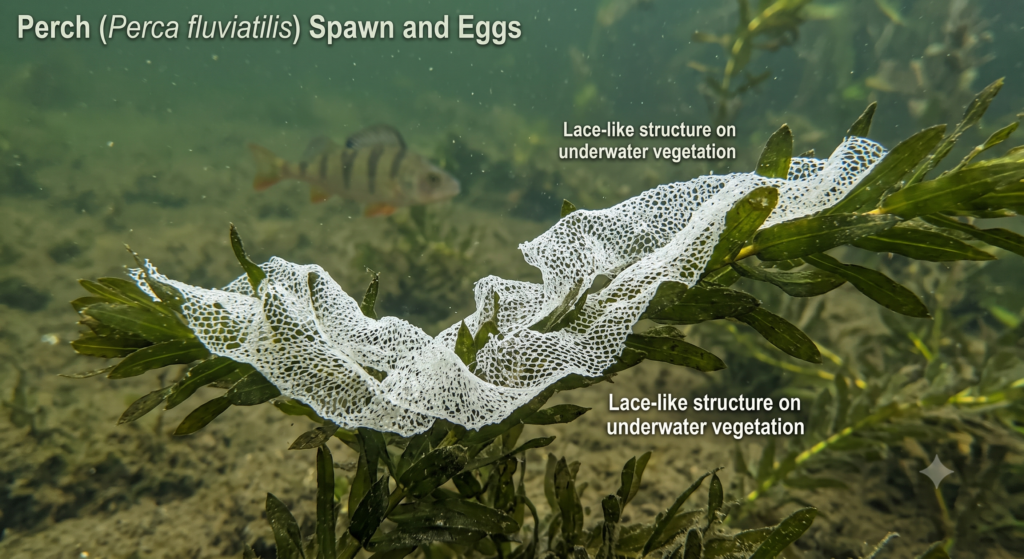 Perch spawn egg ribbon draped over underwater weed, showing the distinctive white lace-like structure used to identify spawning perch