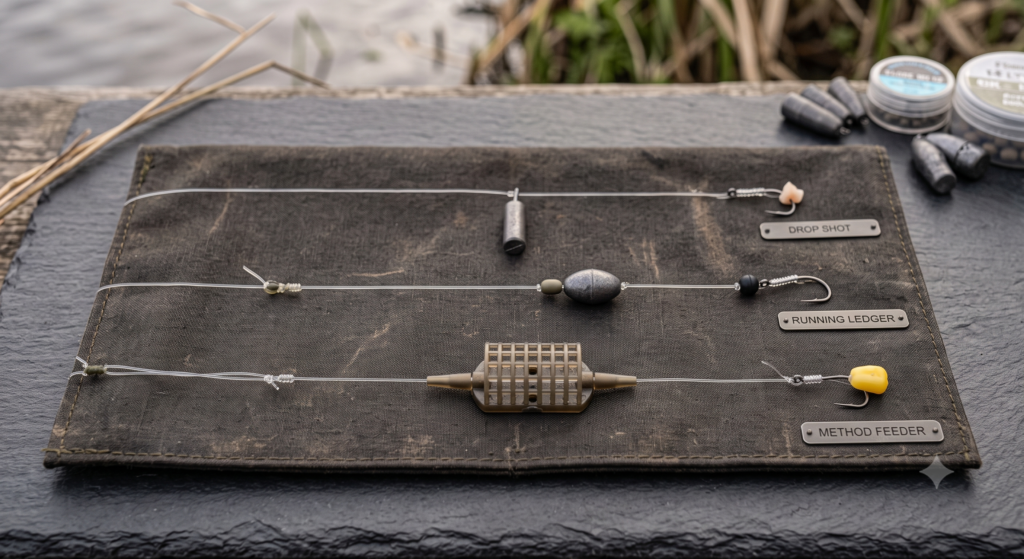 Selection of pre-tied UK fishing rigs showing a drop shot rig, a running ledger, and a method feeder setup