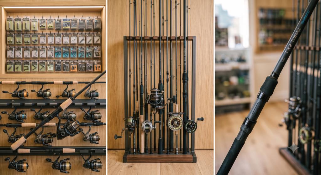 Choosing a Fishing Rod UK: Complete Buying Guide (2026) 1 Several fishing rods in a shop , showing different lengths and builds – a lightweight float rod, a feeder rod, and a carp rod side by side