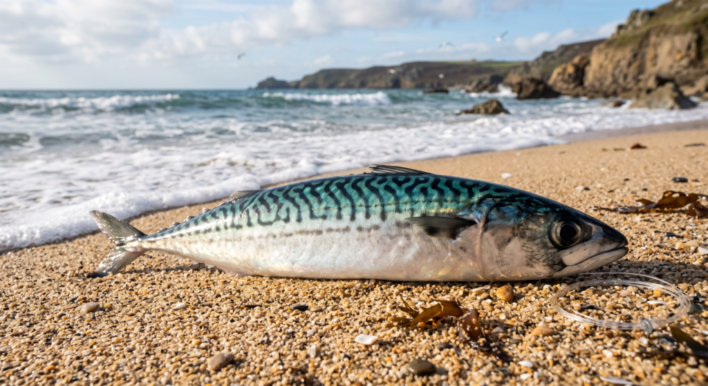 a mackerel lying on a beach in cornwall after being caught , showing their distinctive iridescent blue-green backs with wavy black markings and silver bellies