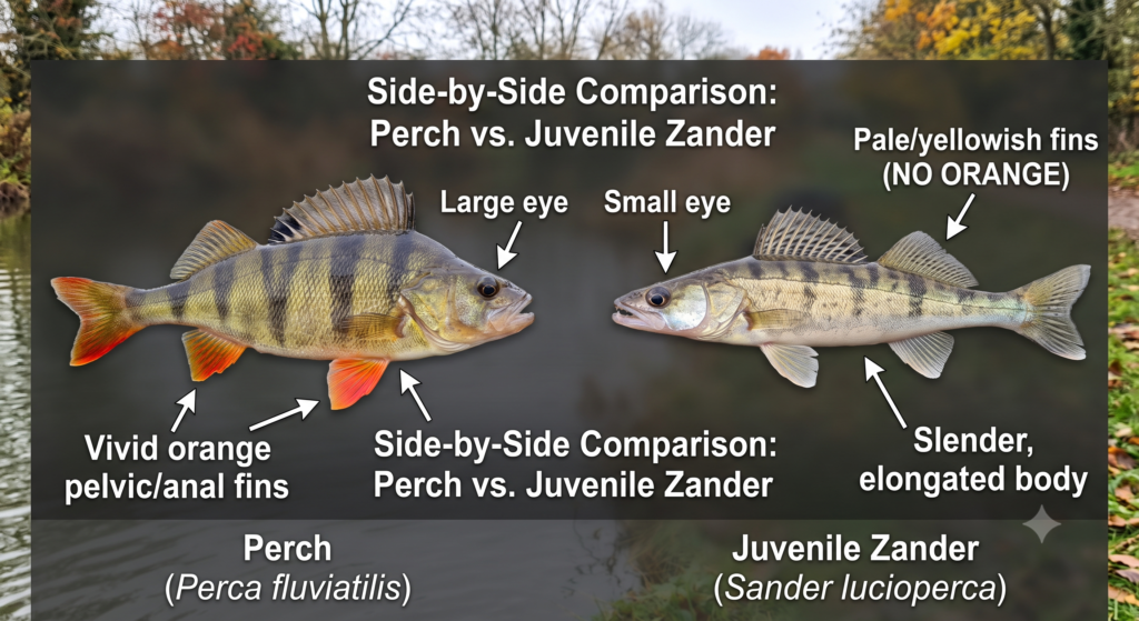 Side by side comparison of perch and juvenile zander showing the difference in fin colour, body shape, and eye size