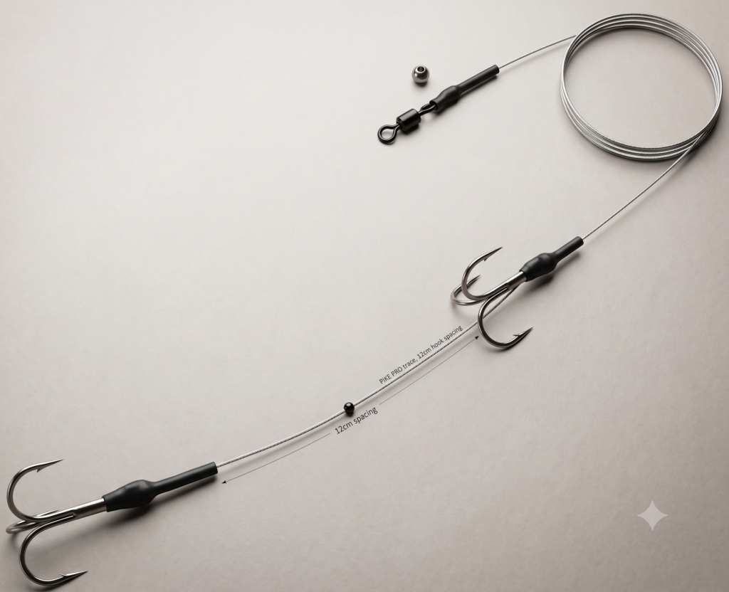 Pike (Esox lucius): The Complete UK Guide 4 Standard UK pike deadbait running ledger rig - wire trace and semi-barbless trebles are non-negotiable