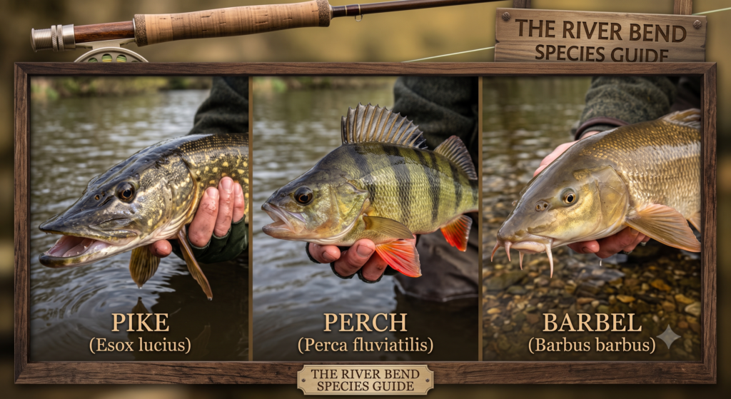 Three UK freshwater fish species - pike, perch, and barbel - showing the variety covered in The River Bend species guide