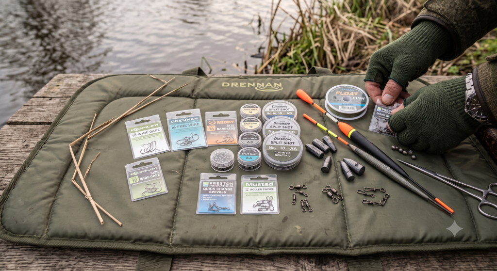 UK coarse fishing terminal tackle spread on an unhooking mat, including hooks of various sizes, lead weights, swivels, and a waggler float