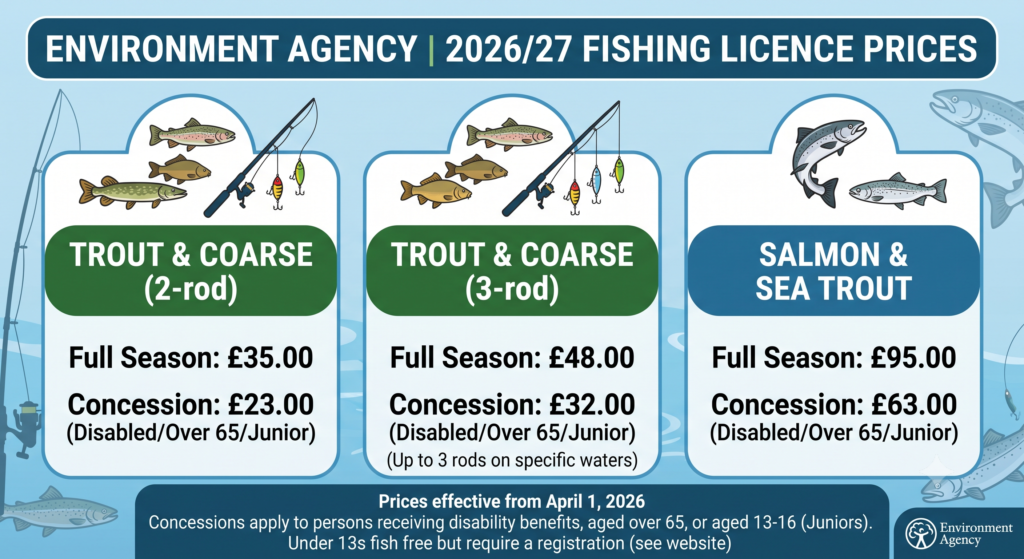 UK fishing licence prices 202627 - full and concession rates for Trout and Coarse and Salmon and Sea Trout licences