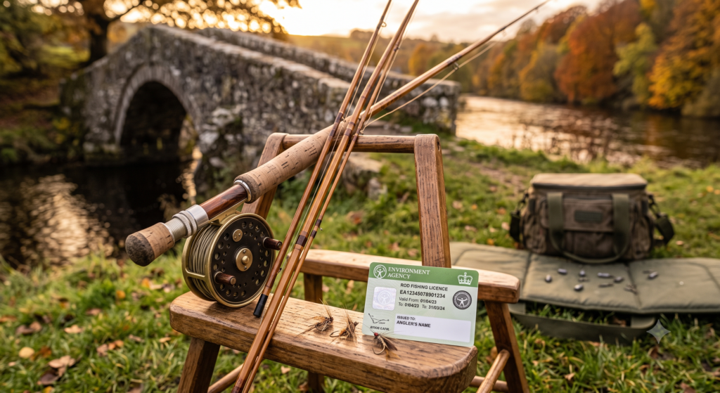 Home 5 UK fishing rod licence displayed on a river bank alongside a fishing rod and reel